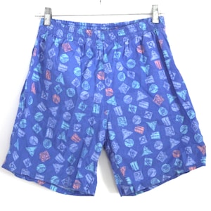 Vintage 80s swim trunks shorts abstract geometric blue patterned