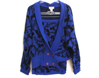 Vintage 80s sweater dress skirt set arrow pixel knit blue black