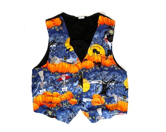 Vintage kamizelka na Halloween w kolorze pomarańczowym, czarne koty, czarownice, dynie