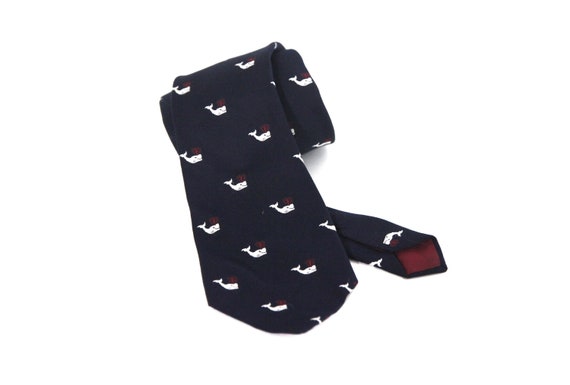 Vintage 80s tie preppy whales navy blue whale pat… - image 1