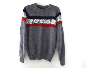 Vintage snowflake sweater gray red navy blue 80s 90s