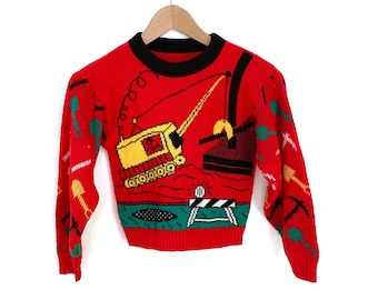 Vintage 80s sweater construction trucks kids primary colors