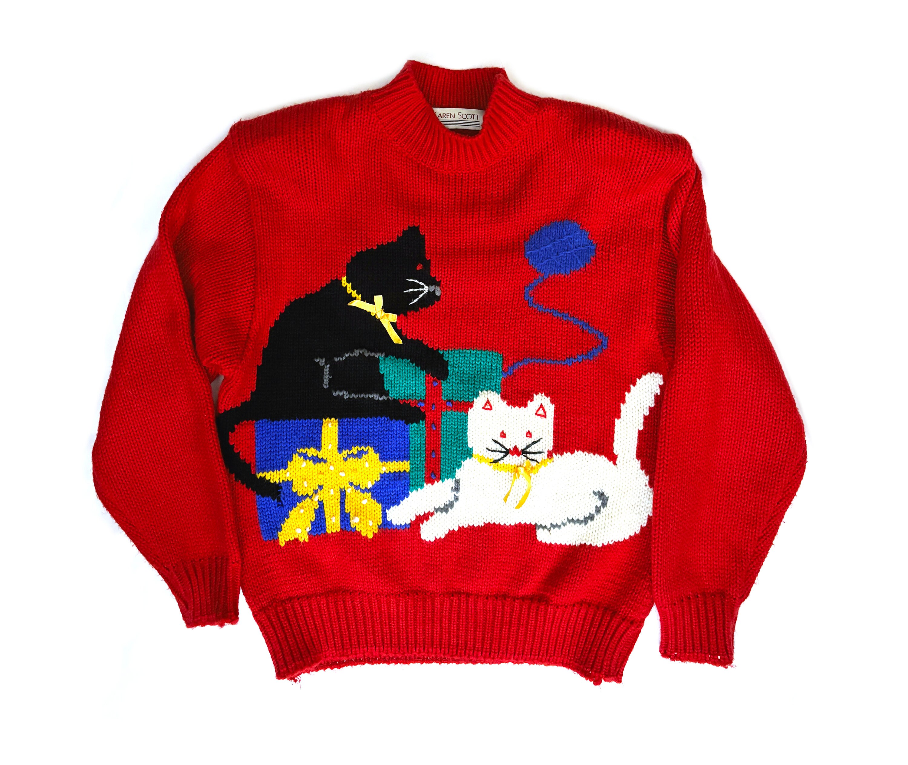 Vintage 80s Cat Sweater Karen Scott Cat Lady Red Christmas Sweater Etsy