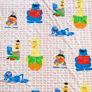 Vintage 80s Sesame Street flat sheet fabric twin ABCs Oscar Big Bird Bert Ernie Cookie Monster