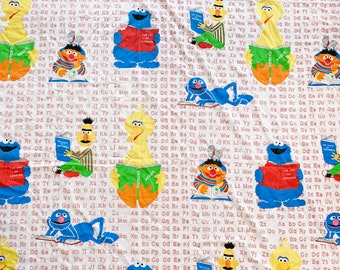 Vintage 80s Sesame Street flat sheet fabric twin ABCs Oscar Big Bird Bert Ernie Cookie Monster