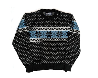 Vintage 80s Sweater Snowflake Pattern Bird's Eye Wool Black Blue