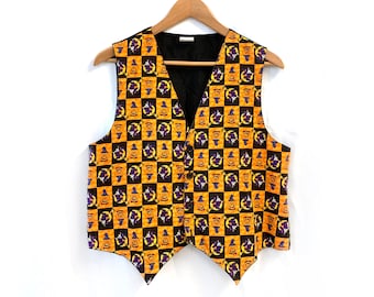 Vintage Halloween vest orange black witch pumpkins