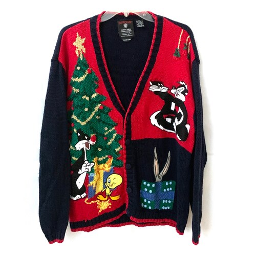Vintage shops Christmas sweater Looney Tunes 90s Warner Bros Eagle Eye hand knit 1995