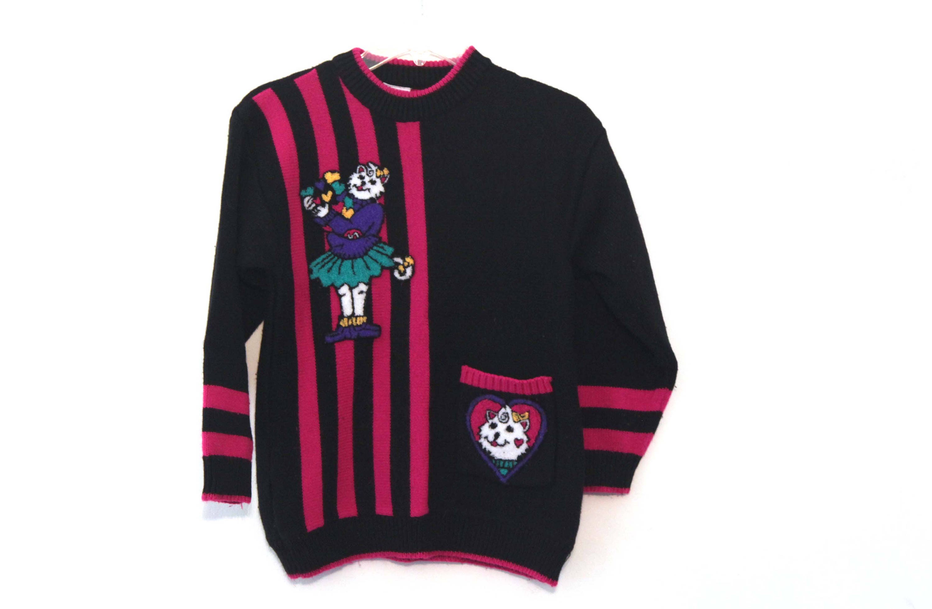 Vintage 80s cat sweater magenta pink black striped | Etsy