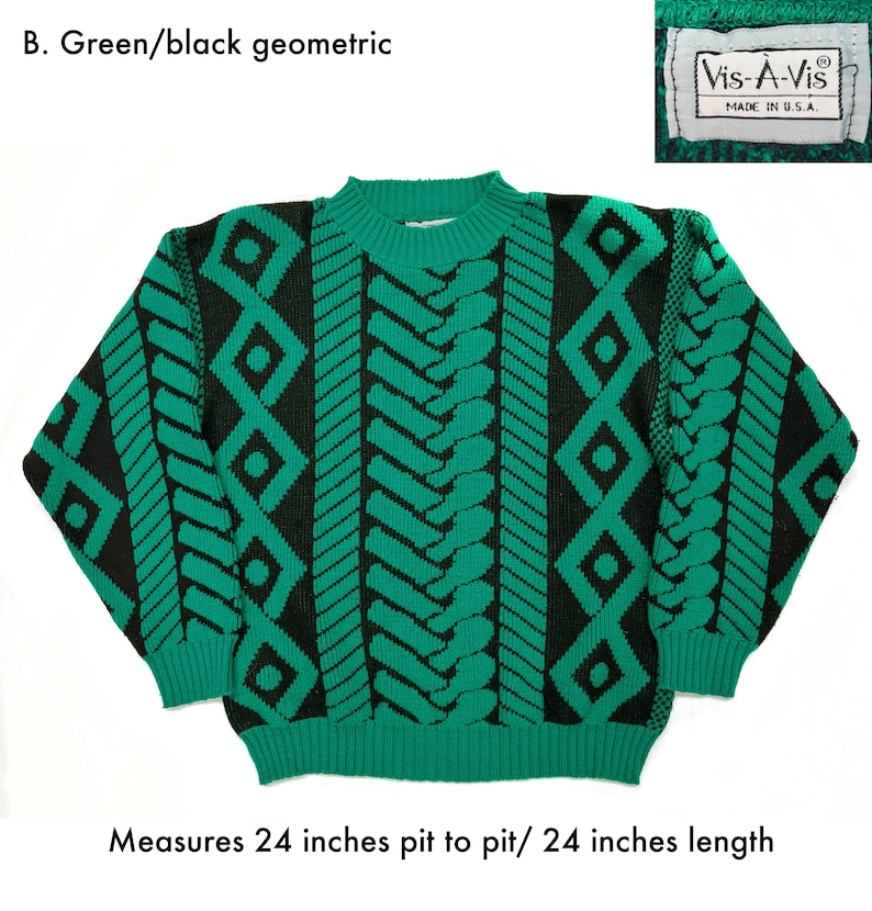 Pode incluir: Camisola com padr&atilde;o geom&eacute;trico verde e preto. A camisola tem gola redonda e mangas compridas. O design inclui padr&otilde;es de losangos e espinha de peixe. A etiqueta diz "Vis-A-Vis MADE IN U.S.A." A camisola mede 61 cm de axila a axila e 61 cm de comprimento.