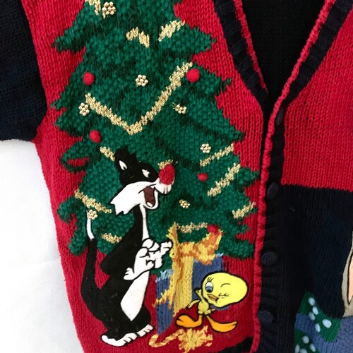 Vintage shops Christmas sweater Looney Tunes 90s Warner Bros Eagle Eye hand knit 1995