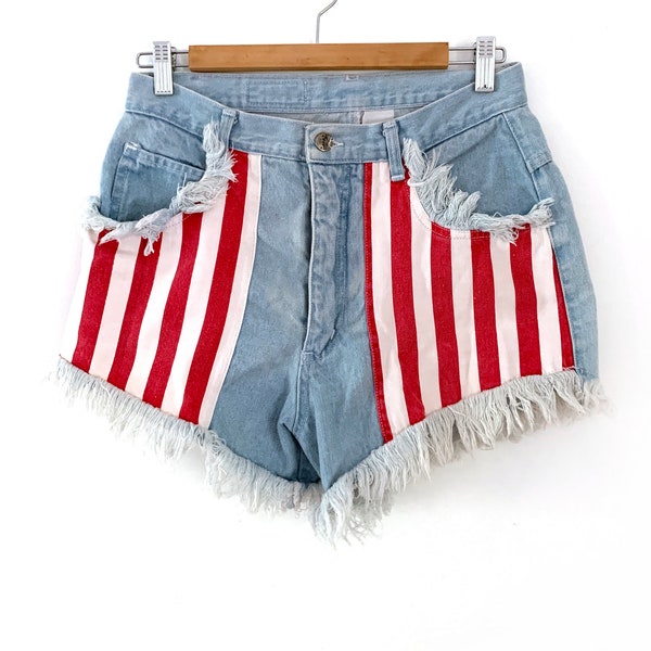 Vintage jean shorts american flag striped 80s 90s red white blue