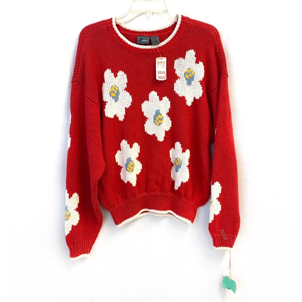 Vintage 80s sweater floral pop art primary colors Red new old stock nwt Liz Claiborne