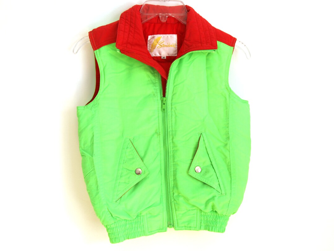 Vintage Ski Vest Down Filled Neon Green Red Kids M Etsy