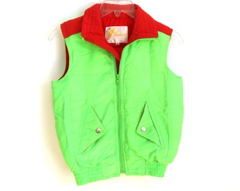 Vintage Skiweste mit Daunen gefüllt neon grün rot Kinder M
