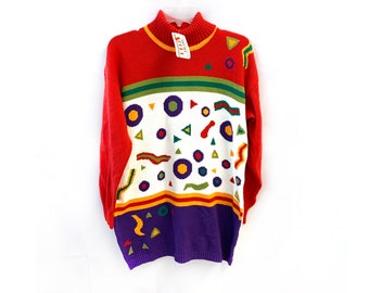 Vintage 80s sweater primary colors Abstract geometric new old stock nwt