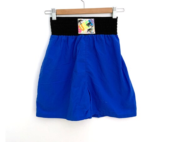 Vintage 80s shorts nylon blue rainbow Surfin tag … - image 1