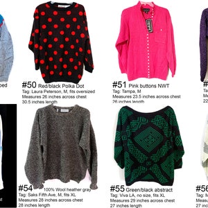 Pode incluir: Cole&ccedil;&atilde;o de oito camisolas em v&aacute;rios estilos e cores. Inclui uma camisola cinza listrada de mistura de l&atilde;, uma camisola preta com bolinhas vermelhas, uma camisola rosa com bot&otilde;es e uma camisola roxa brilhante. As medidas s&atilde;o fornecidas para cada camisola.
