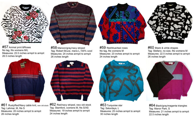 Pode incluir: Uma cole&ccedil;&atilde;o de camisolas vintage com v&aacute;rios padr&otilde;es e cores. Os designs incluem estampados de animais com rosas, riscas, florais, formas geom&eacute;tricas e malha de cabo. As medidas s&atilde;o fornecidas em cent&iacute;metros.