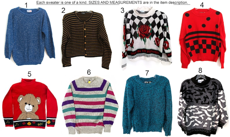 Pode incluir: Uma cole&ccedil;&atilde;o de oito camisolas &uacute;nicas. Os designs incluem uma camisola azul de malha, um cardigan &agrave;s riscas, uma camisola com rosas, uma camisola vermelha com detalhes pretos, uma camisola com um urso de peluche, uma camisola &agrave;s riscas, uma camisola turquesa e uma camisola preta e cinzenta.