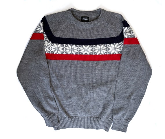 Vintage 80s sweater snowflake ski gray red navy b… - image 1