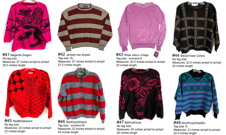 Pode incluir: Cole&ccedil;&atilde;o de camisolas vintage em v&aacute;rias cores e padr&otilde;es. Inclui uma camisola magenta com um desenho de drag&atilde;o, uma camisola listrada bege, uma camisola de veludo rosa e uma camisola preta com um desenho floral. As medidas variam.