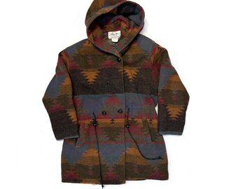 Vintage 90er Jahre Wollmantel mit Kapuze Azteken Muster Südwesten Damen