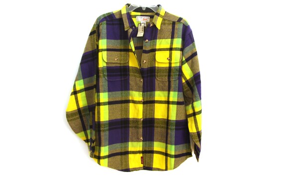 Vintage 90s flannel shirt yellow purple plaid new
