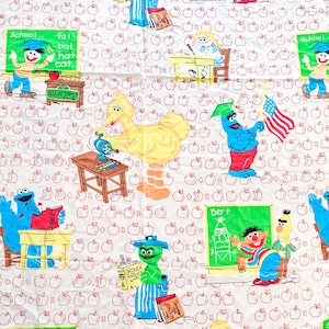 Vintage 80s Sesame Street flat sheet fabric twin school themed Oscar Big Bird Bert Ernie Cookie Monster