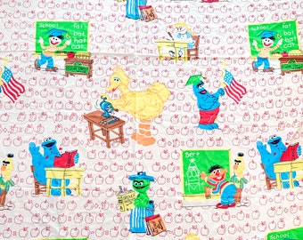 Vintage 80s Sesame Street flat sheet fabric twin school themed Oscar Big Bird Bert Ernie Cookie Monster