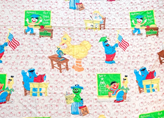 Vintage 80s Sesame Street flat sheet fabric twin school themed Oscar Big Bird Bert Ernie Cookie Monster