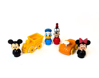 Lote de 6 juguetes vintage de Disney Little People de los años 70 de Ilco: Minnie, Mickey, Pluto y Goofy.