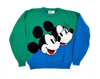 Vintage 80s Mickey and Minnie mouse sweater green blue color block Mickey & Co