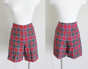 1950s Red Plaid Shorts | Tartan Shorts | Wool Shorts | High Waisted Shorts | 24" inch waist