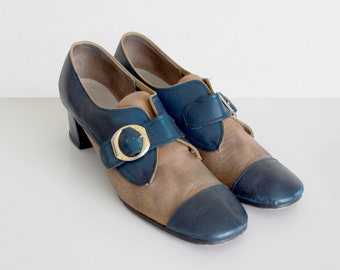 1960s Colorblock Navy and Brown Leather Pumps | Size 7