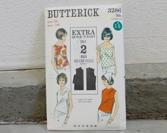 1960s Butterick 3286 Size 16 Uncut Extra Quick N Easy Sleeveless Blouse Sewing Pattern