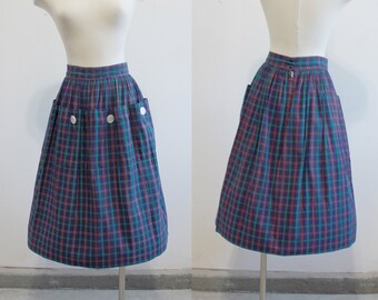 1950s Blue Plaid Front Patch Pockets Skirt by Junior House | Small