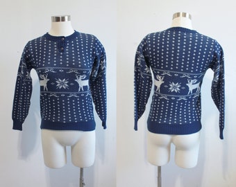1970s Navy Reindeer Knit Sweater by Collage | Small