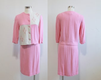 1960s Pink Linen Colorblock Two Piece Suit Dress by Gloria Swanson Forever Young | Small