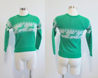 1970s Green Reindeer Knit Sweater | Extra Small