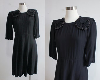 1940s Black Rayon Dress by Habern Frock | Size Small