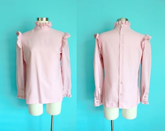 1980s Pink Prairie Ruffle with Blouse Button Up Back | Small