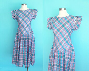 1980s Purple Plaid Cutout Drop Waist Dress | Size Small 26" in waist
