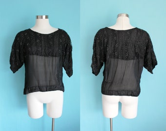 1910s Black Net Beaded Blouse | Size Medium to Large