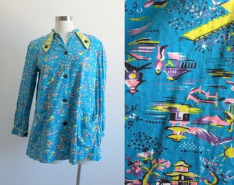 1950s Asian Novelty Print Button Down Blouse by Jules Canton Frock