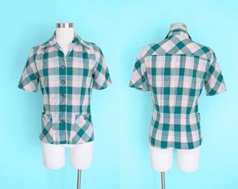 1950s Pink and Green Plaid Blouse by Betty Baxley | Small