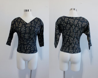 1950s Black Gold Floral Blouse by Exquisete Girl | Size Small