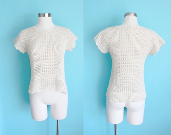 1970s Cream Crochet Knit Top | Small