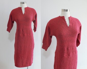 1940s Magenta French Knit Dress | Fits Size Medium to Large