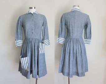 1950s Gray Chambray Striped Patch Pocket Dress by Toni Todd | 26" in waist